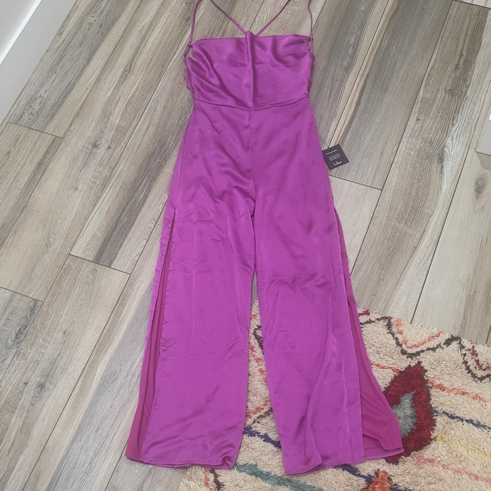 Lulu's Fuchsia Satin Strappy Wide-Leg Jumpsuit